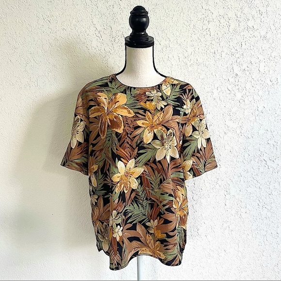 VINTAGE MODERN ESSENTIALS Floral Short Sleeve Tropical Print Top Size Large - Picture 1 of 4